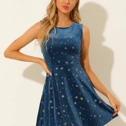 Allegra K Women's Stars Print Velvet Round Neck Sleeveless Mini Dress