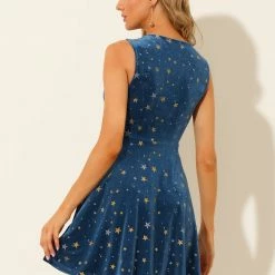 Allegra K Women's Stars Print Velvet Round Neck Sleeveless Mini Dress