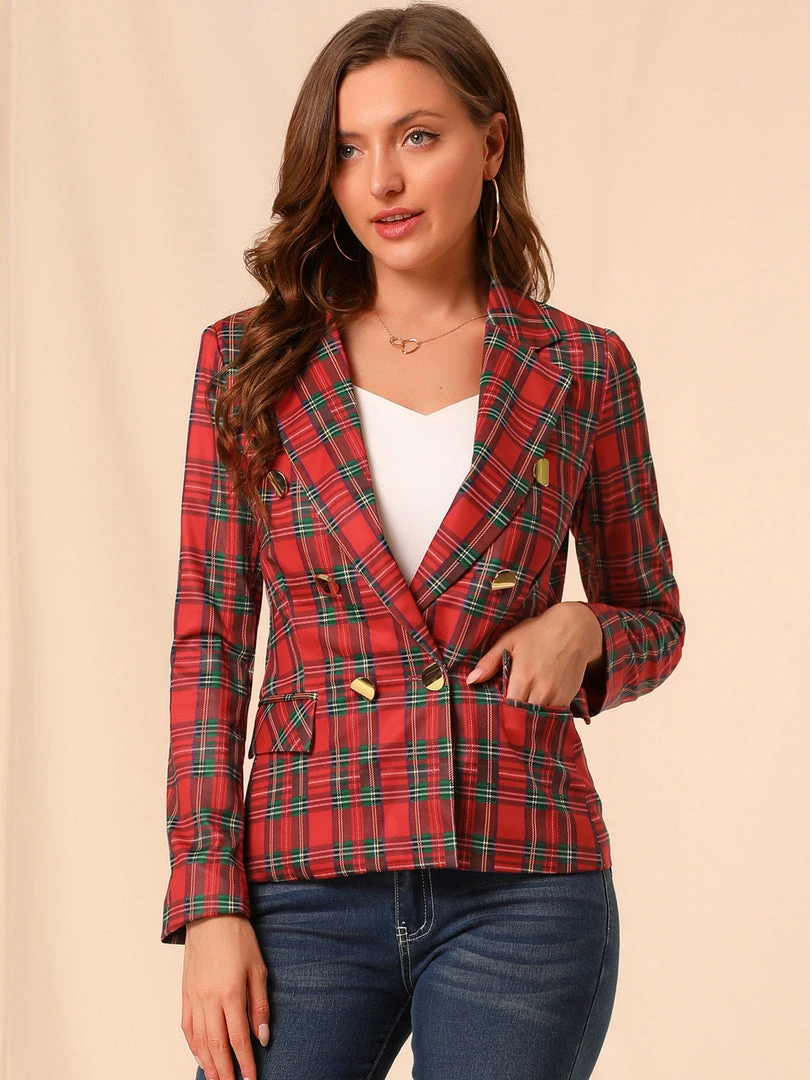 Allegra K Women's Notched Lapel Double Breasted Plaid Formal Blazer Jackets 29 Allegra K Women's Notched Lapel Double Breasted Plaid Formal Blazer Jackets