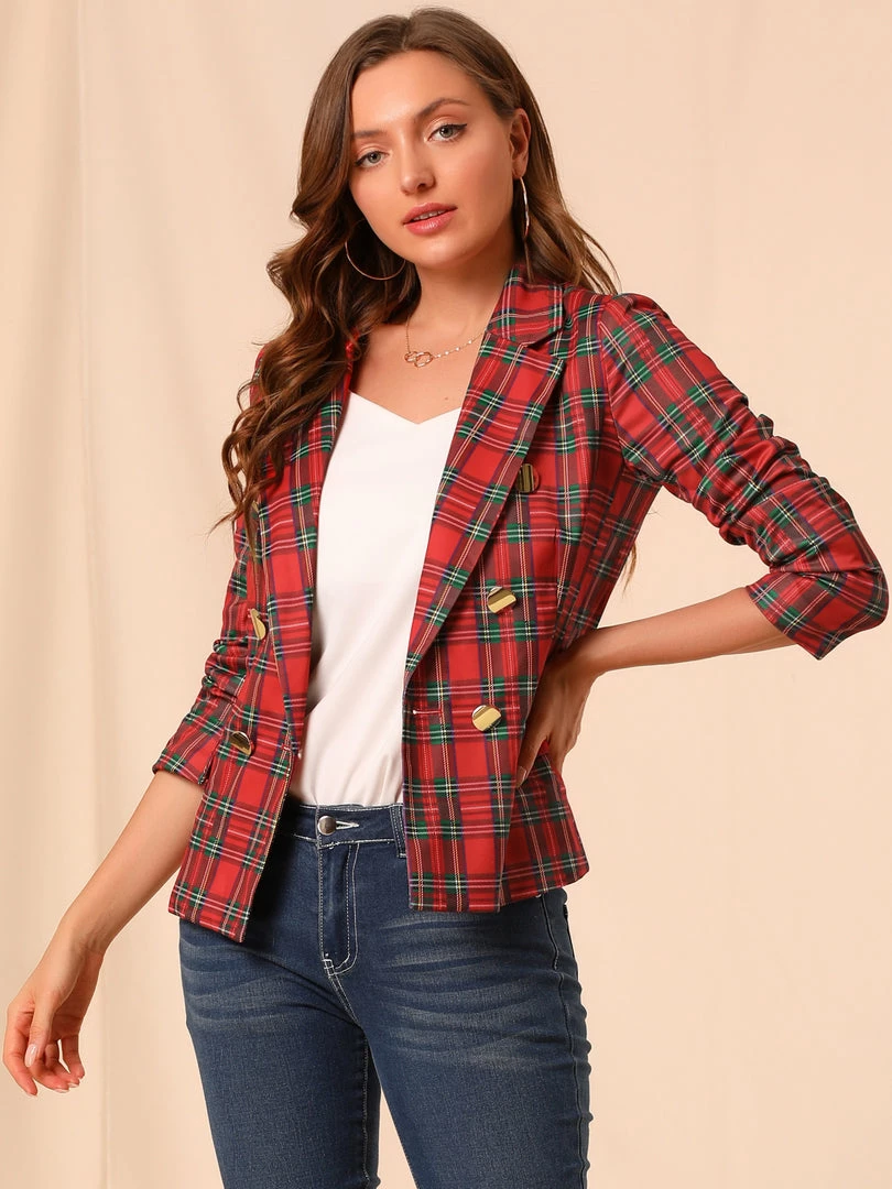 Allegra K Women's Notched Lapel Double Breasted Plaid Formal Blazer Jackets 30 Allegra K Women's Notched Lapel Double Breasted Plaid Formal Blazer Jackets
