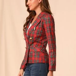 Allegra K Women's Notched Lapel Double Breasted Plaid Formal Blazer Jackets 61 Allegra K Women's Notched Lapel Double Breasted Plaid Formal Blazer Jackets