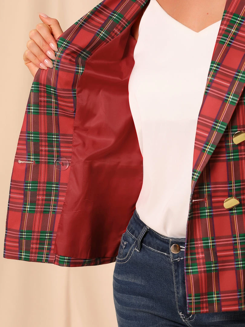 Allegra K Women's Notched Lapel Double Breasted Plaid Formal Blazer Jackets 33 Allegra K Women's Notched Lapel Double Breasted Plaid Formal Blazer Jackets