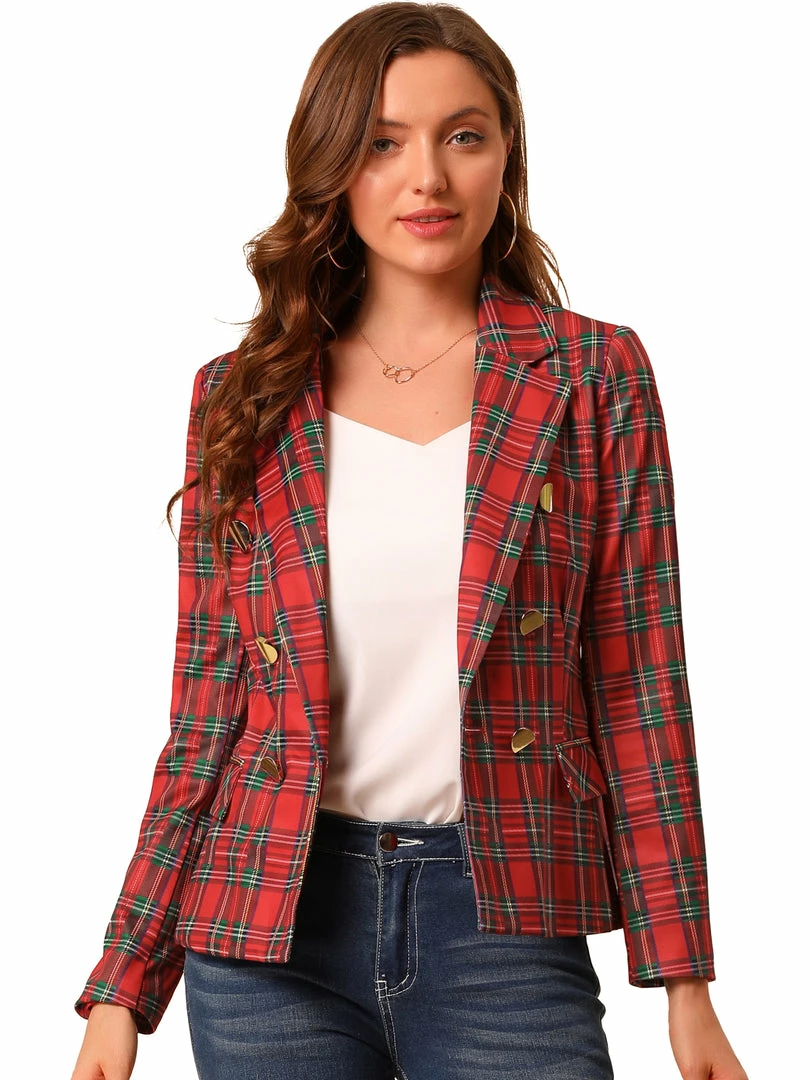 Allegra K Women's Notched Lapel Double Breasted Plaid Formal Blazer Jackets 28 Allegra K Women's Notched Lapel Double Breasted Plaid Formal Blazer Jackets
