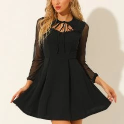 Allegra K Women's Ruffled Sweetheart Neckline A-Line Tie Neck Mesh Long Sleeve Mini Dress