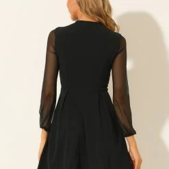 Allegra K Women's Ruffled Sweetheart Neckline A-Line Tie Neck Mesh Long Sleeve Mini Dress