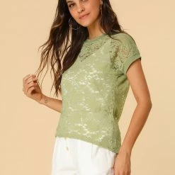 Allegra K Curved Hem Sheer Short Sleeves Floral Lace Top