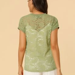 Allegra K Curved Hem Sheer Short Sleeves Floral Lace Top