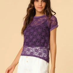Allegra K Curved Hem Sheer Short Sleeves Floral Lace Top
