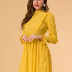 Allegra K Women's A-Line Dress Puff Elastic Long Sleeve Ruffle Neck Frill Front Mini Dresses
