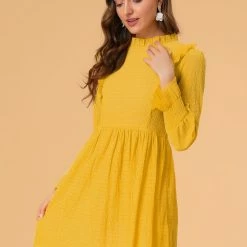 Allegra K Women's A-Line Dress Puff Elastic Long Sleeve Ruffle Neck Frill Front Mini Dresses
