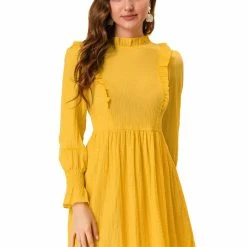 Allegra K Women's A-Line Dress Puff Elastic Long Sleeve Ruffle Neck Frill Front Mini Dresses