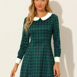 Allegra K Women's Contrast Peter Pan Collar Long Sleeve A-Line Plaid Dress
