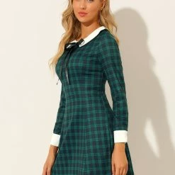 Allegra K Women's Contrast Peter Pan Collar Long Sleeve A-Line Plaid Dress