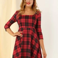 Allegra K Women's Plaid Square Neck Short Sleeve Dress