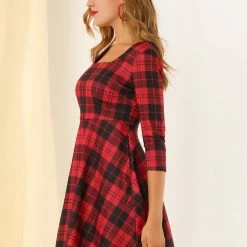 Allegra K Women's Plaid Square Neck Short Sleeve Dress