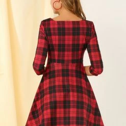 Allegra K Women's Plaid Square Neck Short Sleeve Dress