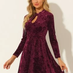 Allegra K Women's Keyhole Neck Dresses High Waist Long Sleeve Velvet Swing Mini Dress
