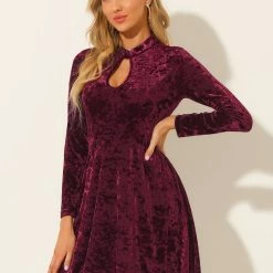 Allegra K Women's Keyhole Neck Dresses High Waist Long Sleeve Velvet Swing Mini Dress