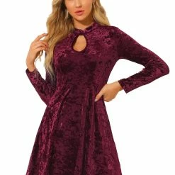 Allegra K Women's Keyhole Neck Dresses High Waist Long Sleeve Velvet Swing Mini Dress