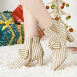Allegra K Shoes Women's Pointed Toe Bow Striped Chunky Heels Ankle Boots