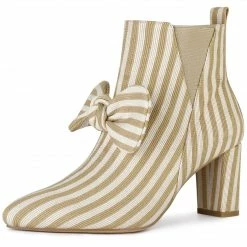 Allegra K Shoes Women's Pointed Toe Bow Striped Chunky Heels Ankle Boots