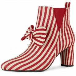 Allegra K Shoes Women's Pointed Toe Bow Striped Chunky Heels Ankle Boots