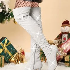 Allegra K Women's Glitter Pointed Toe Stiletto Heels Over The Knee High Boots Shoes
