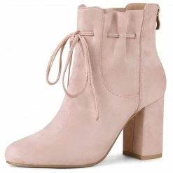Allegra K Women's Lace Up Round Toe Drawstring Block Heel Ankle Boots Shoes