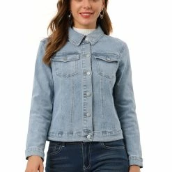 Allegra K Women's Denim Coat Jean Button Front Washed Vintage Jacket