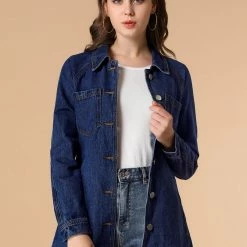Allegra K Belted Longline Denim Jacket Women