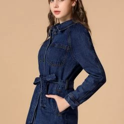 Allegra K Belted Longline Denim Jacket Women