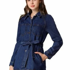 Allegra K Belted Longline Denim Jacket Women