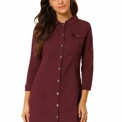 Allegra K 3/4 Sleeve Button Down Denim Shirt Dress Women
