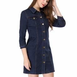 Allegra K 3/4 Sleeve Button Down Denim Shirt Dress Women