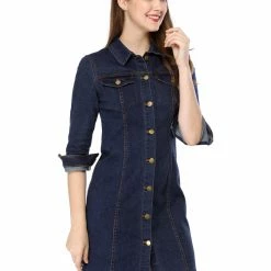 Allegra K 3/4 Sleeve Button Down Denim Shirt Dress Women