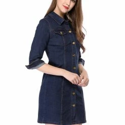 Allegra K 3/4 Sleeve Button Down Denim Shirt Dress Women