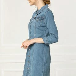 Allegra K 3/4 Sleeve Button Down Denim Shirt Dress Women