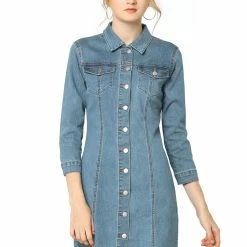 Allegra K 3/4 Sleeve Button Down Denim Shirt Dress Women