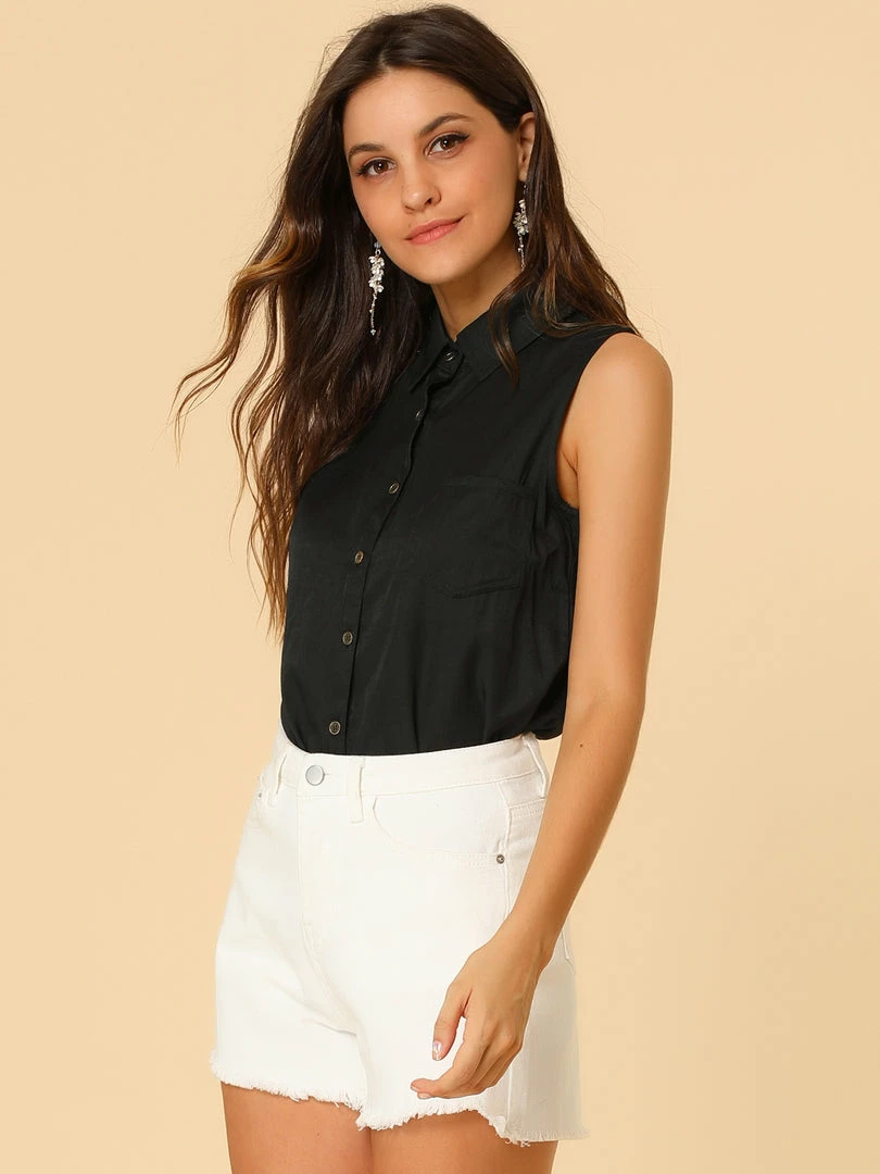 Women Allegra K Single Breasted Point Collar Sleeveless Shirt 42 Women Allegra K Single Breasted Point Collar Sleeveless Shirt