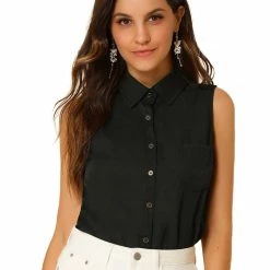Women Allegra K Single Breasted Point Collar Sleeveless Shirt 82 Women Allegra K Single Breasted Point Collar Sleeveless Shirt