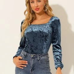 Allegra K Women's Velvet Long Sleeve Square Neck Blouse 59 Allegra K Women's Velvet Long Sleeve Square Neck Blouse