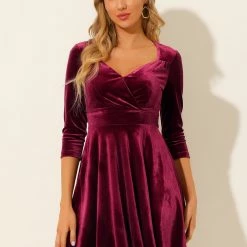 Allegra K Women's Velvet Sweetheart Neck 3/4 Sleeves Fit And Flare Party Valentine's Day Dress