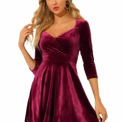 Allegra K Women's Velvet Sweetheart Neck 3/4 Sleeves Fit And Flare Party Valentine's Day Dress