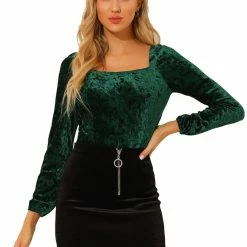 Allegra K Women's Velvet Long Sleeve Square Neck Blouse
