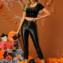 Allegra K Women's Velvet Scoop Neck Short Sleeve Slim Fit Crop Top 42 Allegra K Women's Velvet Scoop Neck Short Sleeve Slim Fit Crop Top