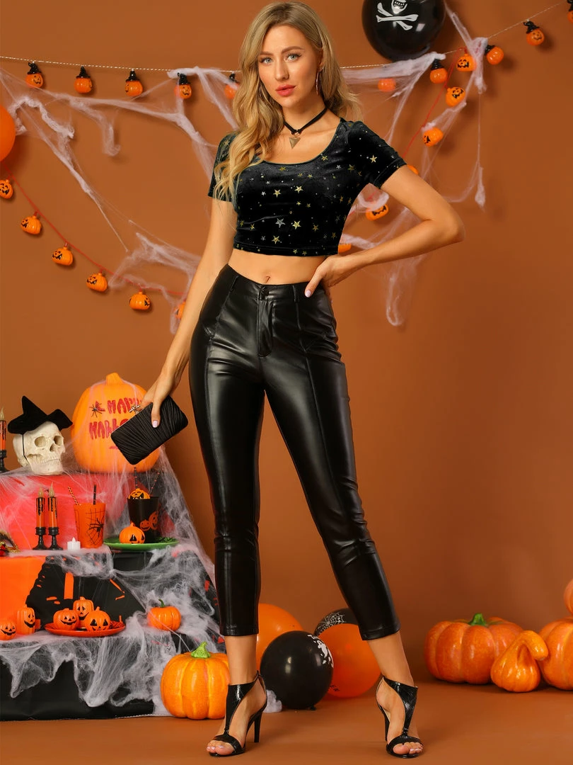 Allegra K Women's Velvet Scoop Neck Short Sleeve Slim Fit Crop Top 18 Allegra K Women's Velvet Scoop Neck Short Sleeve Slim Fit Crop Top