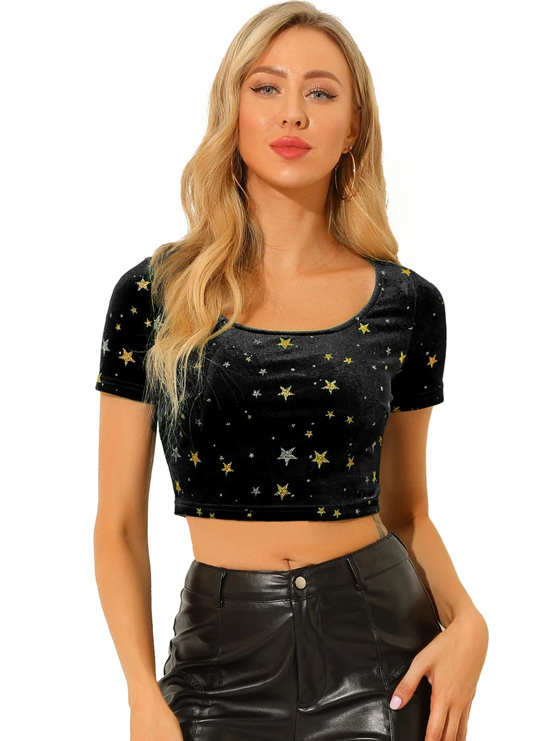 Allegra K Women's Velvet Scoop Neck Short Sleeve Slim Fit Crop Top 16 Allegra K Women's Velvet Scoop Neck Short Sleeve Slim Fit Crop Top