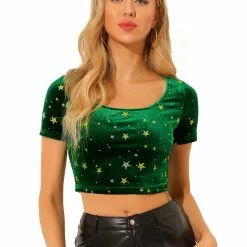 Allegra K Women's Velvet Scoop Neck Short Sleeve Slim Fit Crop Top 34 Allegra K Women's Velvet Scoop Neck Short Sleeve Slim Fit Crop Top