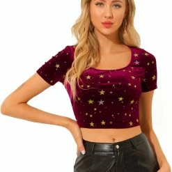 Allegra K Women's Velvet Scoop Neck Short Sleeve Slim Fit Crop Top