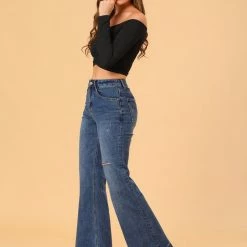 Allegra K Women’s Casual Denim Pants Mid Rise Ripped Stretchy Bootcut Jeans